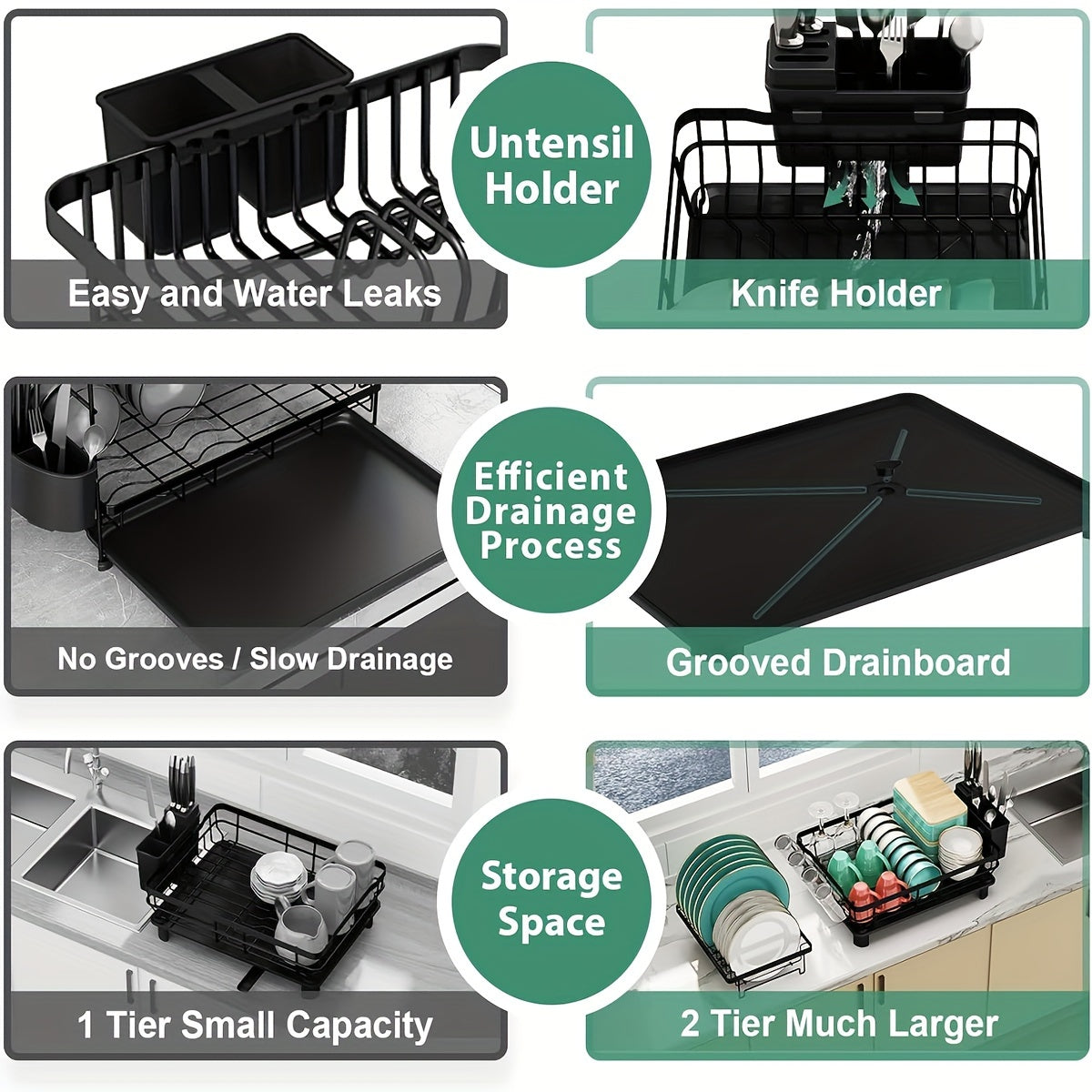 [2-Tier Dish Drying Rack] Large Capacity 2-Tier Dish Drying Rack for Kitchen Counter | Removable Utensil Holder, Drainboard, Kitchen Sink