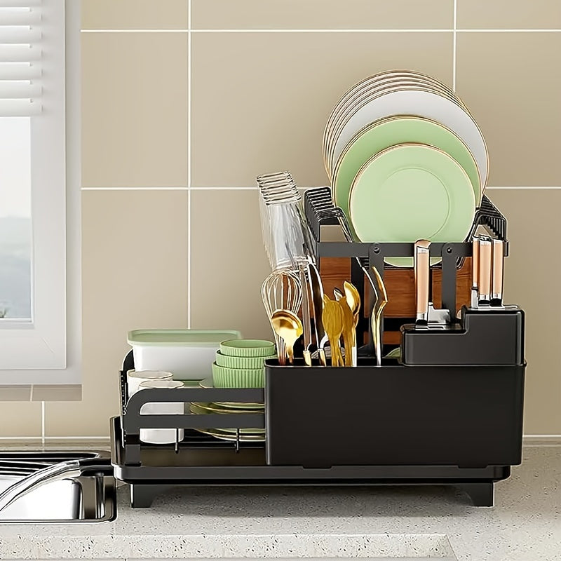 2-Tier Dish Drying Rack Kitchen Counter, Detachable Dish Drainer with Utensil Holder And Cup Rack, Black - Plate Rack Large - Black Dish Racks, Anti-rust Collapsible
