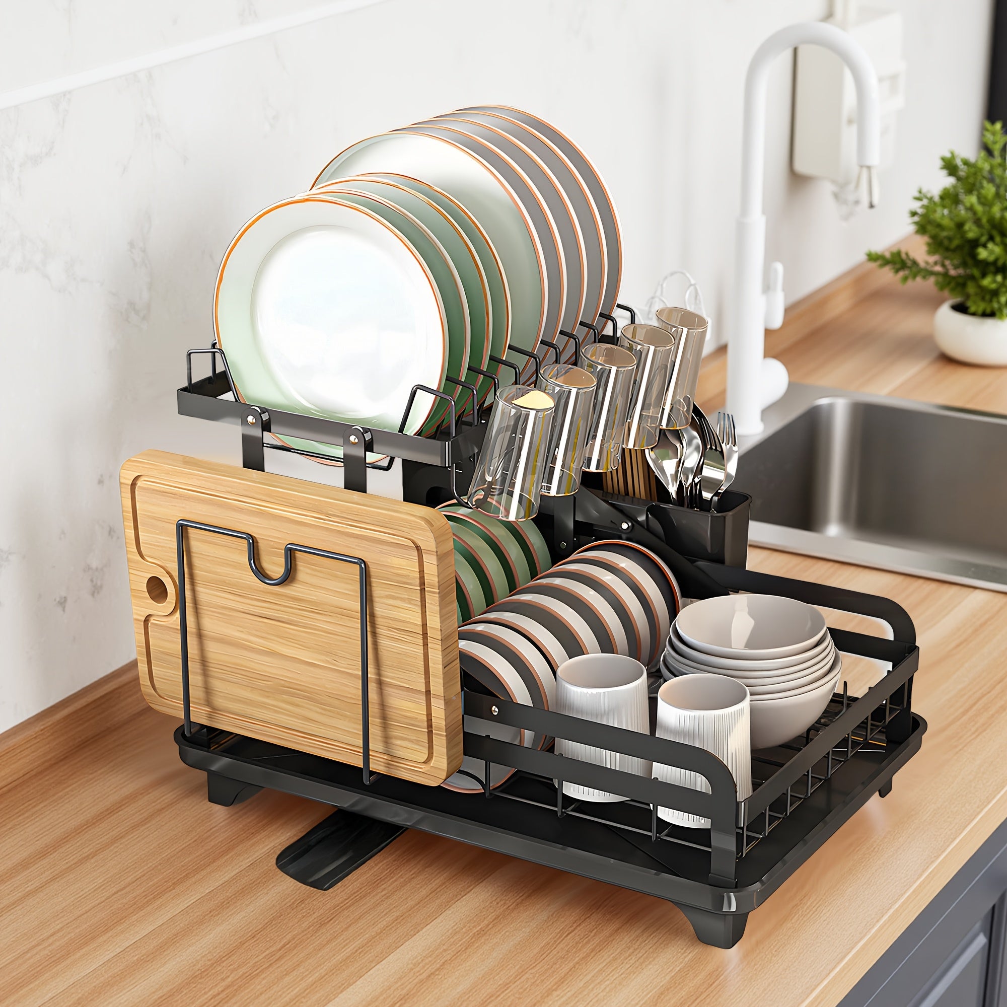 1pc Large 2-Tier Carbon Steel Dish Drying Rack With Drainboard, Glass & Utensil Holders, And Extra Drying Mat - Rust-Resistant Metal Dish Drainer For Kitchen Countertop, Black