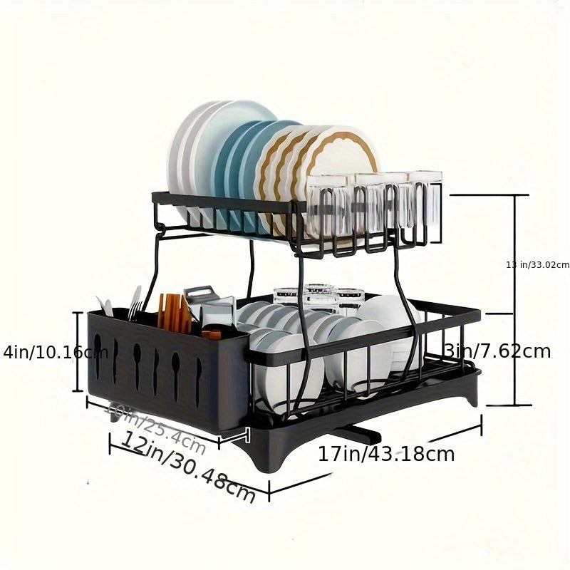 2-Tier Dish Drying Rack X-Large Stainless Steel Dish Rack For Kitchen Counter Dish Rack With Drainboard - Detachable, Carbon Steel Kitchen Organizer For Dishes, Cups & Cutlery Space-Saving Kitchen Organizers And Storage, Mother'S Day Gift