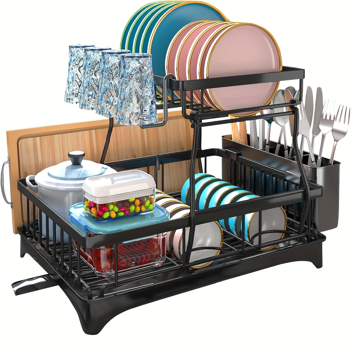 Dish Drying Rack, 2-Tier Dish Racks For Kitchen Counter, Dish Rack With Drainboard & Mat, Dish Drainer With Knife, Fork & Cup Rack, Gifts For Women, Mothers Day, Cool Stuff & Kitchen Gadgets