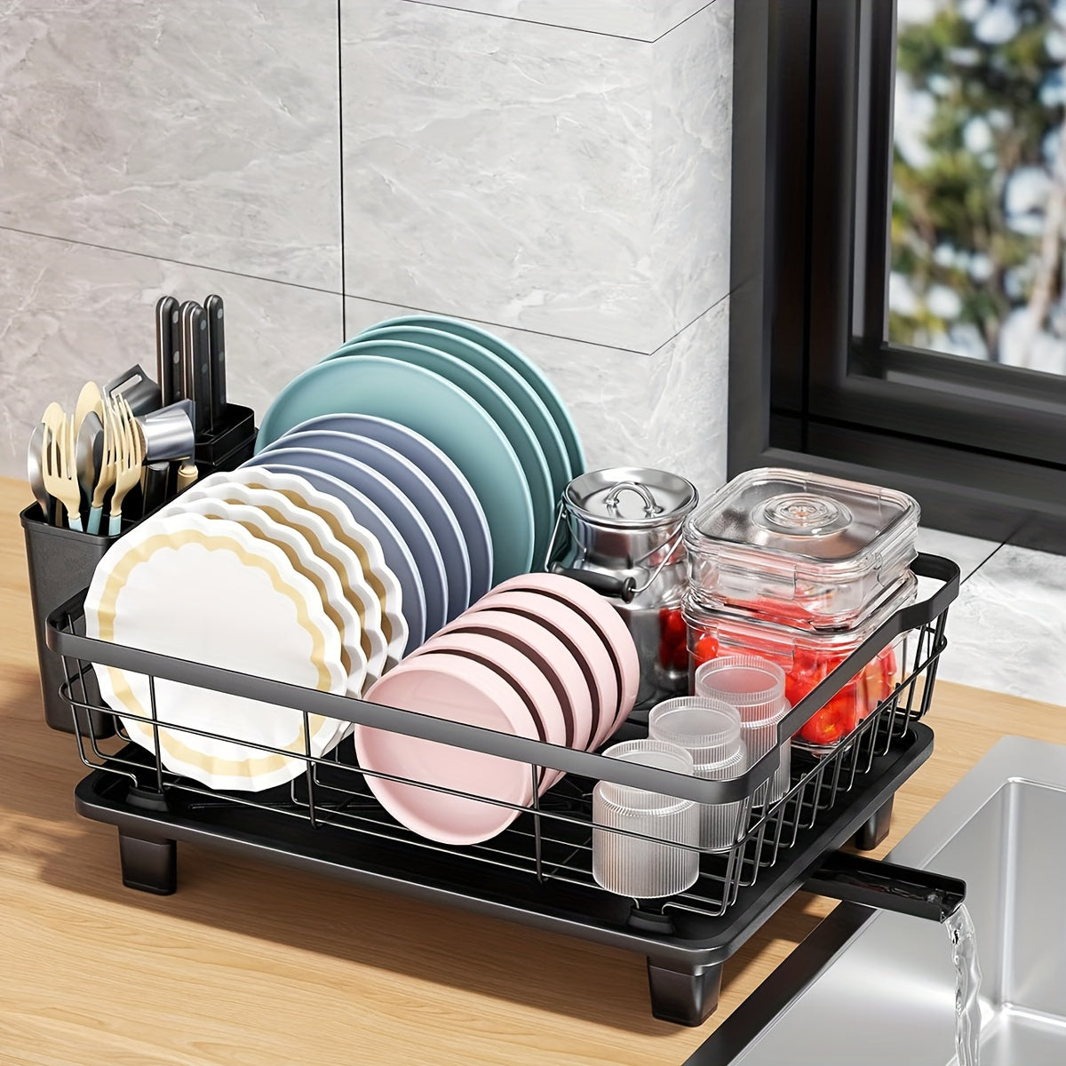 Dish Drying Rack - Large-Capacity Dish Drainer | Kitchen Counter Organizer with Cutlery Holder for Dishes, Spoons, and Forks