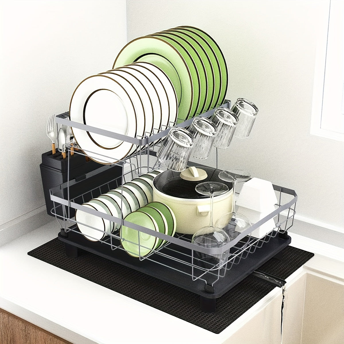 Dish Drying Rack - Large-Capacity Dish Drainer | Kitchen Counter Organizer with Cutlery Holder for Dishes, Spoons, and Forks