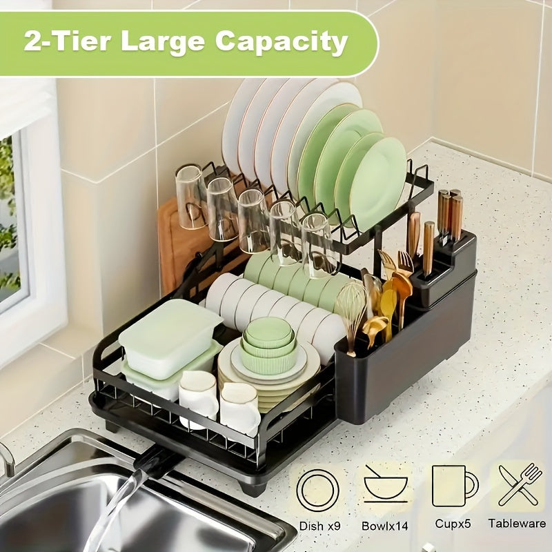 2-Tier Dish Drying Rack Kitchen Counter, Detachable Dish Drainer with Utensil Holder And Cup Rack, Black - Plate Rack Large - Black Dish Racks, Anti-rust Collapsible