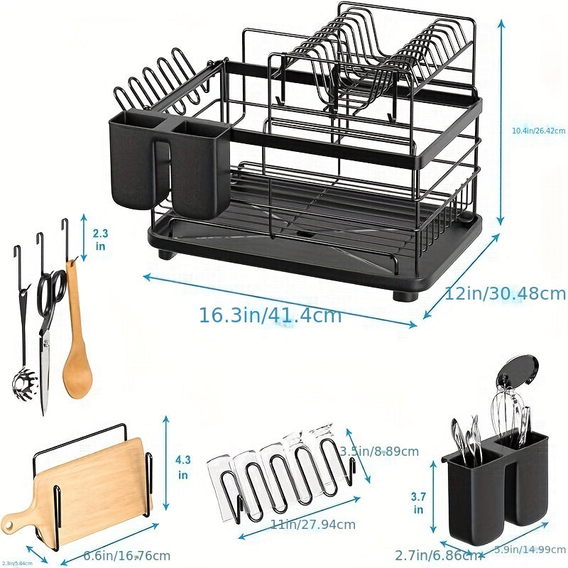2-tier Dish Drying Rack, With Draining Board, Utensil Holder, Cutting Board/cup Rack, And 3 Hooks, Suitable For Kitchen Countertops, Rust-proof Large-capacity Dish Drainer, Black.