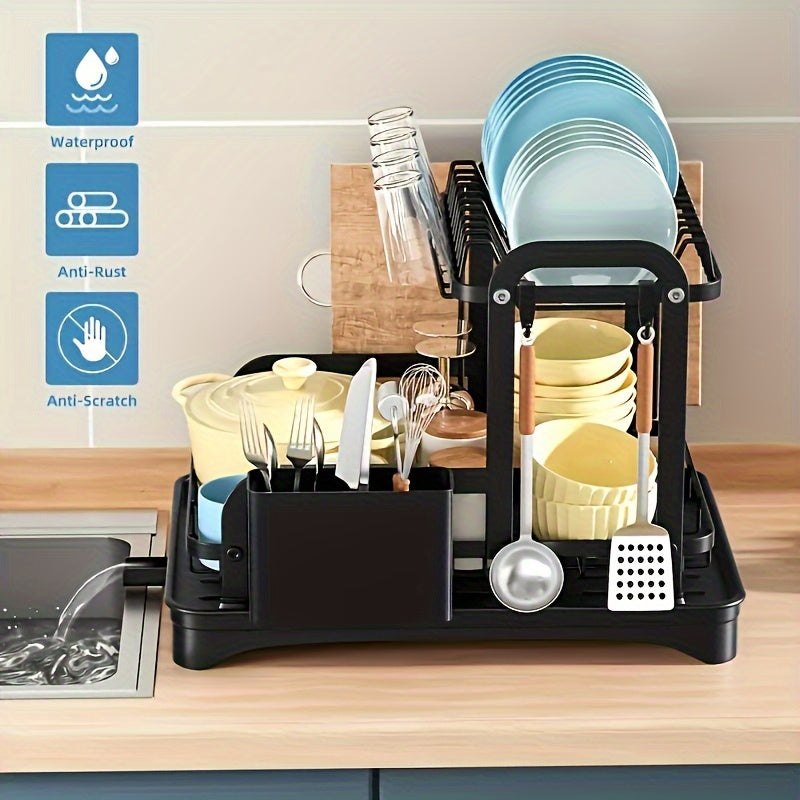 2-Tier Large Capacity Dish Rack - Space-Saving, Sturdy Metal Construction with Drainboard, Utensil Holders & Cutting Board Holder, Multi-Functional Kitchen Counter Organizer for Plates, Bowls, Cups & Utensils, Dish Drying Rack