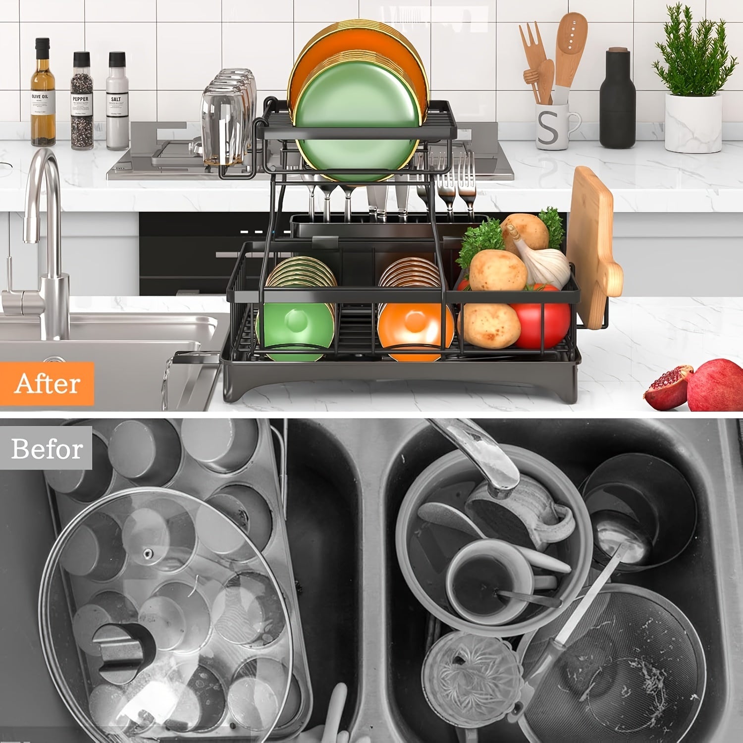 Dish Drying Rack, 2-Tier Dish Racks For Kitchen Counter, Dish Rack With Drainboard & Mat, Dish Drainer With Knife, Fork & Cup Rack, Gifts For Women, Mothers Day, Cool Stuff & Kitchen Gadgets