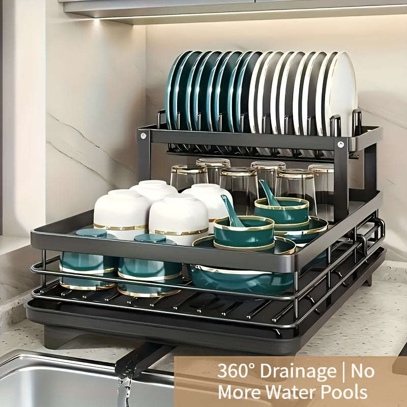 Heavy-Duty Dish Drying Rack - Space-Saving 2-Tier Dish Drainer with Drainboard, Plate, Bowl, Cup, Knife, Fork Rack - Compact Kitchen Organizer for Countertop, Sink - Ideal Mother's Day Gift for Women, Home & Restaurant Use, Sleek Design, Durable