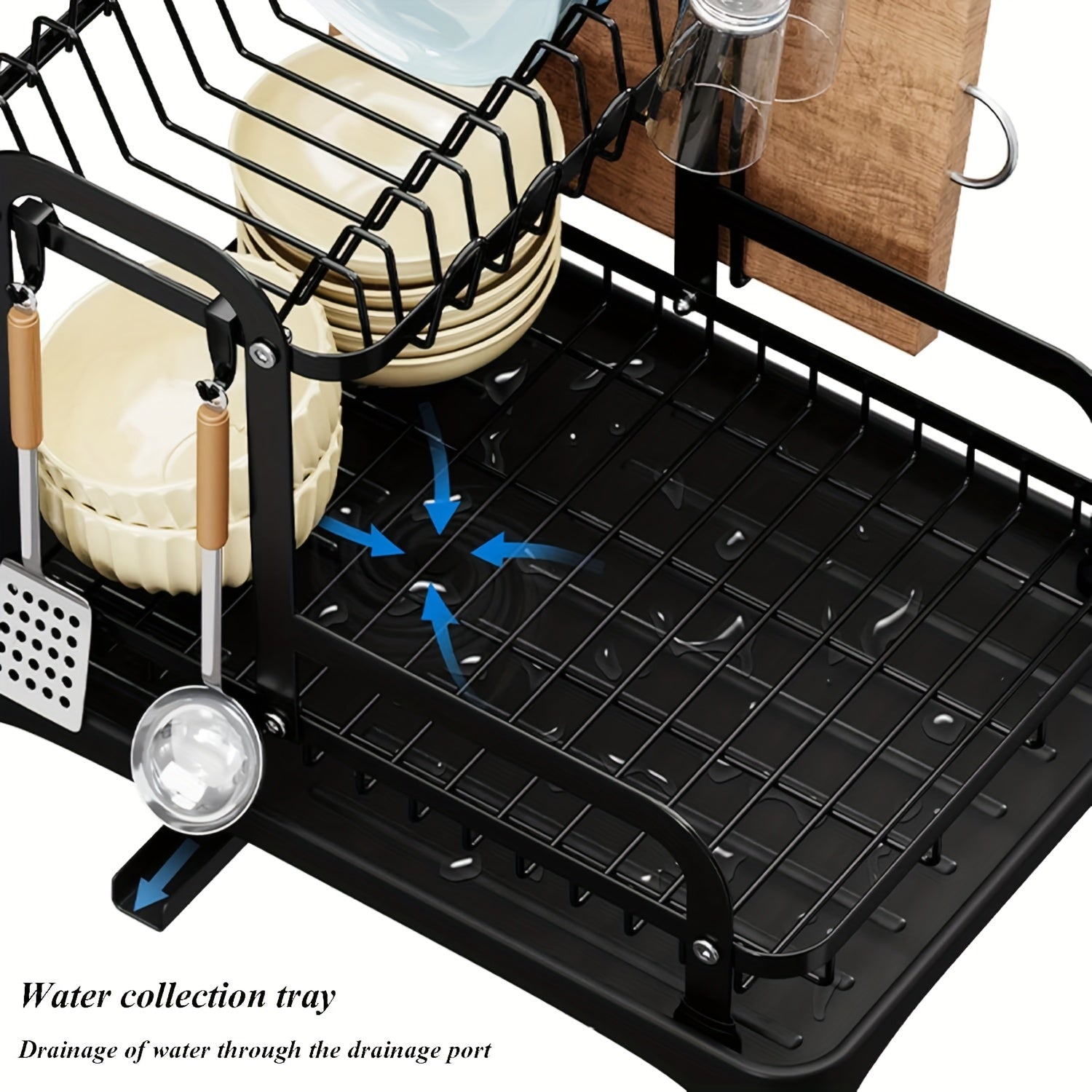 2 Tier Dish Rack With Drainboard, Dish Drying Rack 2 Tier Drainer Kitchen Counter, Cutlery Holder, Cutting-Board Holder, Cup Holder And 2 Hooks, Large Dish Racks