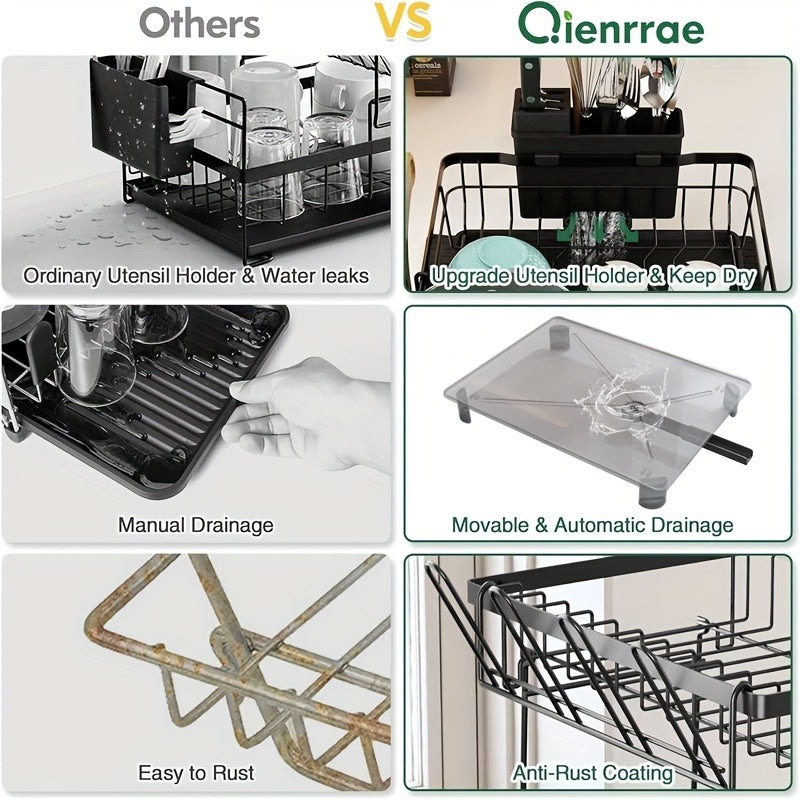 2-Tier Dish Drying Rack, Large Collapsible Kitchen Sink Organizer, Black Dish Rack for Kitchen Countertop with Utensil Holder, Cup Holder and Chopping Board Holder