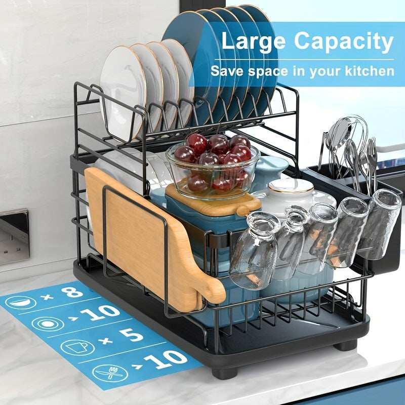 2-tier Dish Drying Rack, With Draining Board, Utensil Holder, Cutting Board/cup Rack, And 3 Hooks, Suitable For Kitchen Countertops, Rust-proof Large-capacity Dish Drainer, Black.