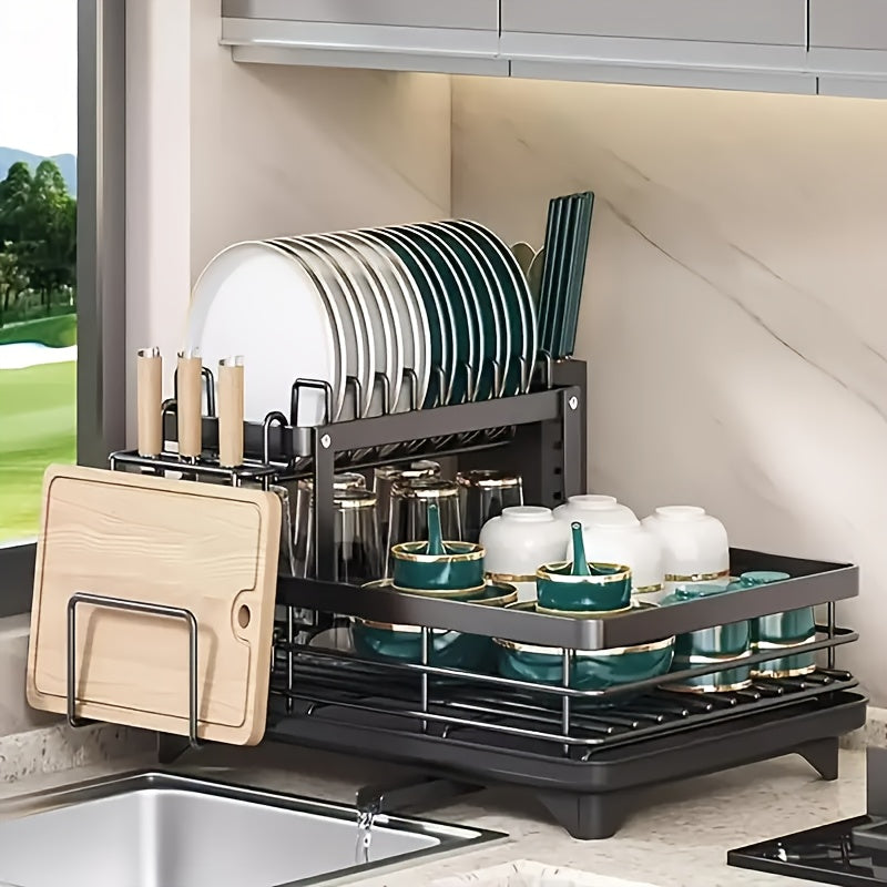 Caddies & Racks for Restaurant Deluxe2-Tier Rack with Automatic Drainage, Knife Holder, And Cutting Board Stand - Rustproof Carbon Steel, Large Capacity, Easy to Clean, Ideal for Bowl And Chopstick Storage, Kitchen Storage Solution2025