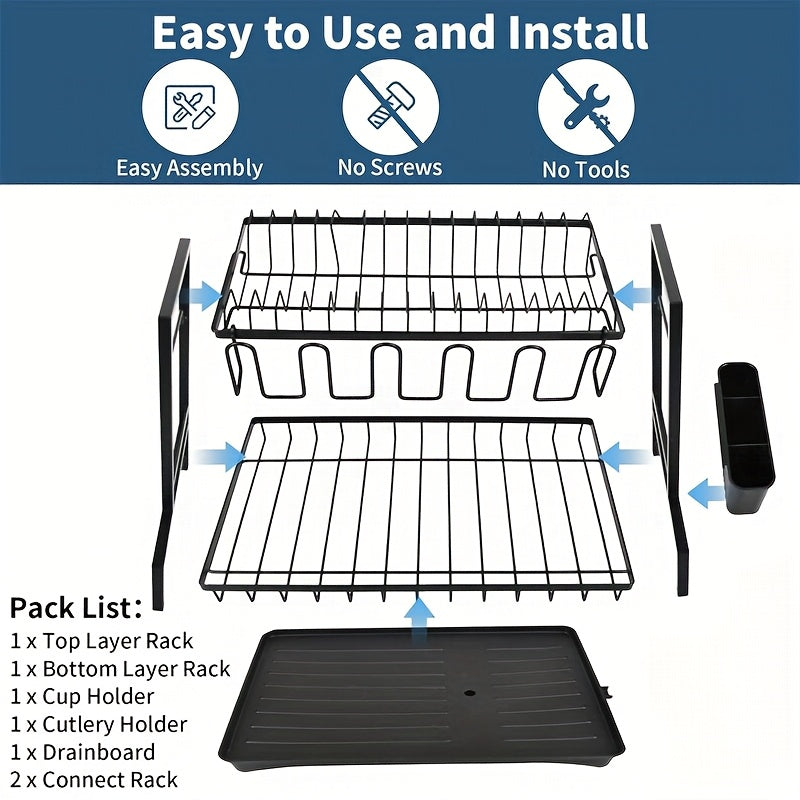 Large 2-Tier Dish Drying Rack for Kitchen Counter, Detachable Large Capacity Dish Drainer Organizer with Utensil Holder, Dish Drying Rack with Drain Board, Plate, Silverware, Pots and Pans Drying Rack for Kitchen