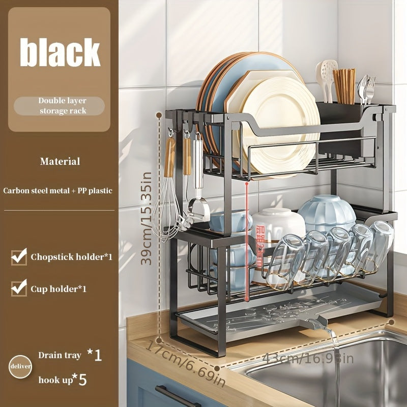 1pc Multifunctional Convenient Durable Kitchen Counter Top Sink Bowl Rack, Removable 2-tier Bowl Rack Drain Board, With Double-layer Bowl, Cup Rack, Drain Board, Adhesive Board Rack, Utensil Rack