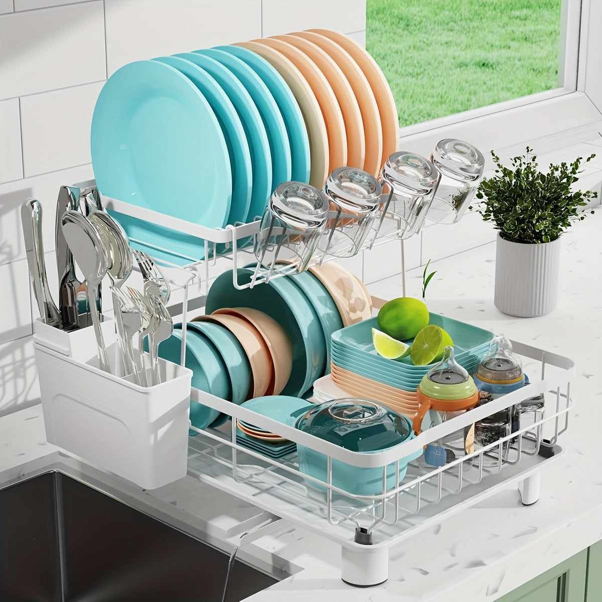 Dish Drying Rack - Large-Capacity Dish Drainer | Kitchen Counter Organizer with Cutlery Holder for Dishes, Spoons, and Forks