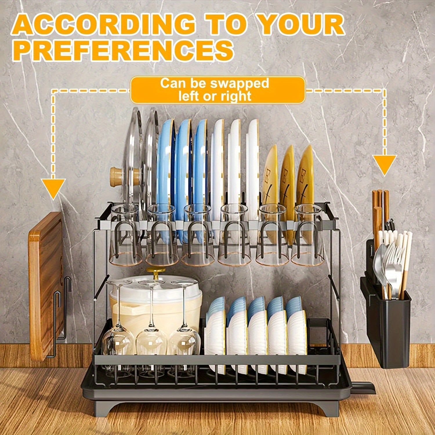 2-Tier Stainless Steel Kitchen Dish Drying Rack with Drain Tray, Knife Holder & Cutting Board Stand - Rustproof Large Capacity Auto Drainage Organizer for Bowls, Plates, Cups, Utensils & Chopsticks, Utensil Holder, Spacesaving Design, Dish Drying Rack for