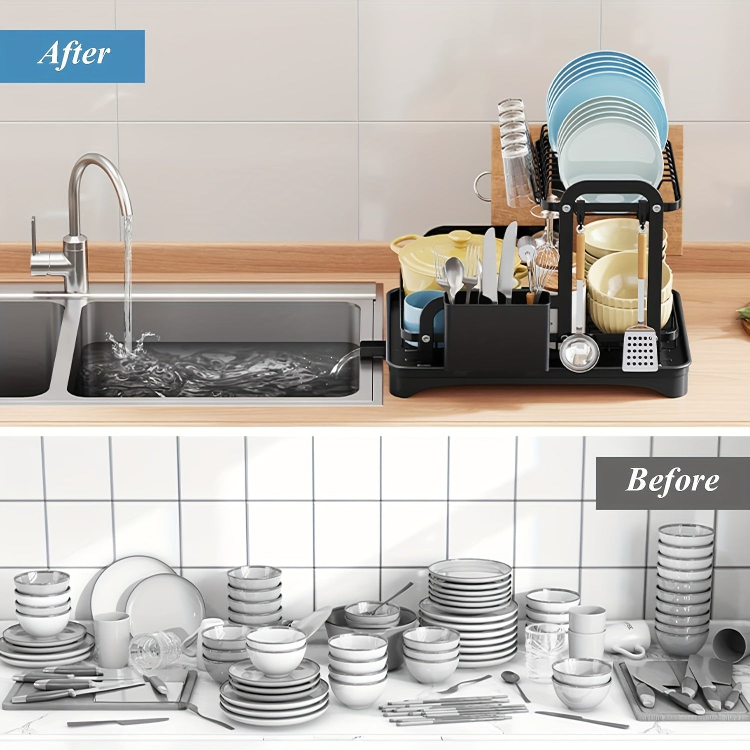 2 Tier Dish Rack With Drainboard, Dish Drying Rack 2 Tier Drainer Kitchen Counter, Cutlery Holder, Cutting-Board Holder, Cup Holder And 2 Hooks, Large Dish Racks