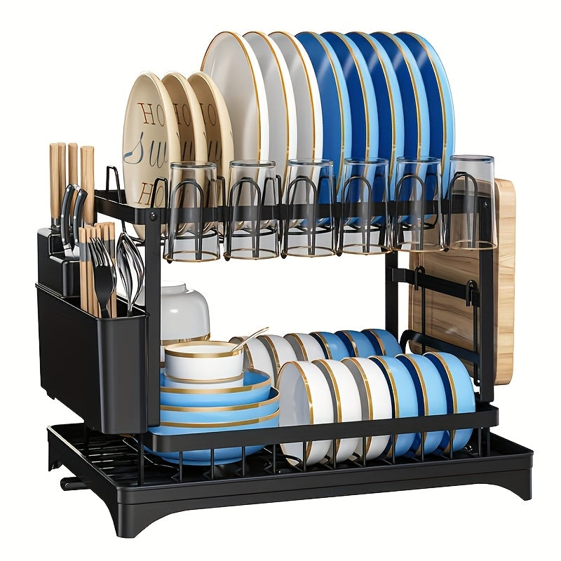 [2-Layer Metal Dish Rack] 2-Layer Metal Dish Drying Rack for Kitchen Countertops | Double Layer with Drain Board | Black Dish Rack for Restaurant & Business