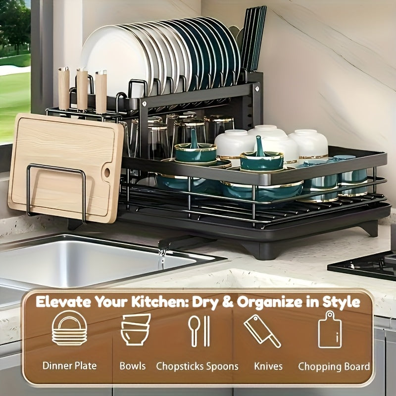 Heavy-Duty Dish Drying Rack - Space-Saving 2-Tier Dish Drainer with Drainboard, Plate, Bowl, Cup, Knife, Fork Rack - Compact Kitchen Organizer for Countertop, Sink - Ideal Mother's Day Gift for Women, Home & Restaurant Use, Sleek Design, Durable