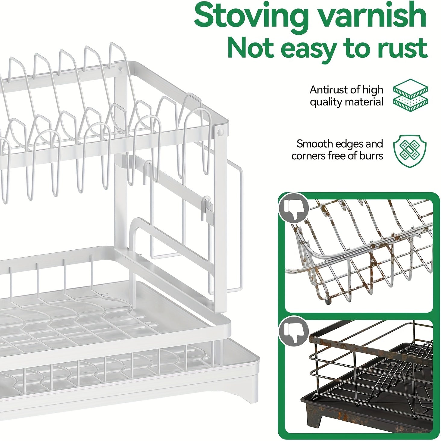 Multifunctional Dish Rack Organizer, Rustproof 2-Tier Dish Drying Rack with Drainer Plate, Space Saving for Cutlery, Knives, Wooden Cutting Boards - Modern Kitchen Shelf | Durable Metal Construction Kitchen Organizer Free Cleaning Cloth White, Dish Rack