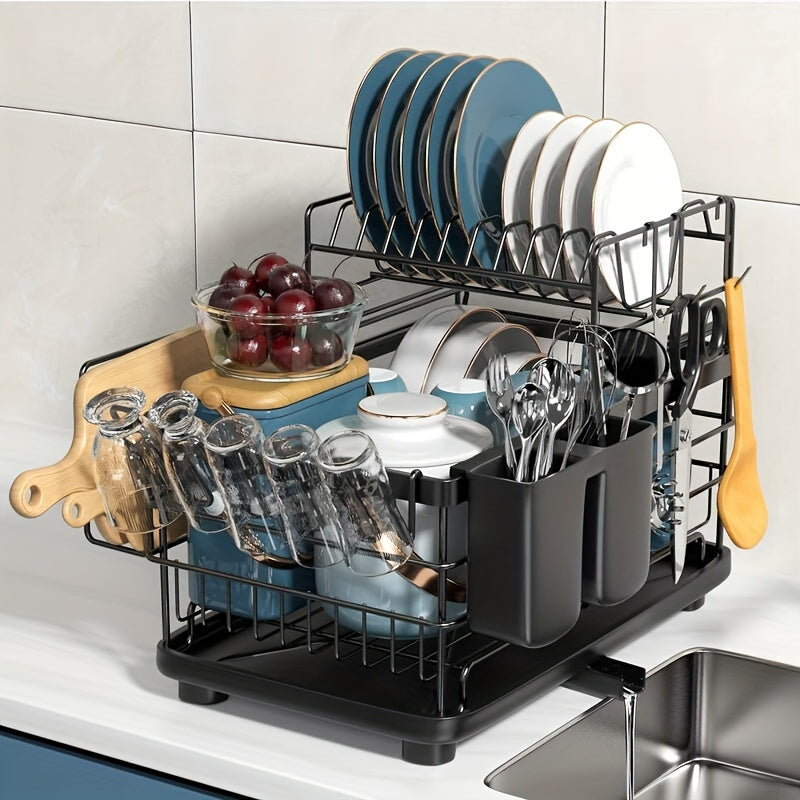 2-tier Dish Drying Rack, With Draining Board, Utensil Holder, Cutting Board/cup Rack, And 3 Hooks, Suitable For Kitchen Countertops, Rust-proof Large-capacity Dish Drainer, Black.