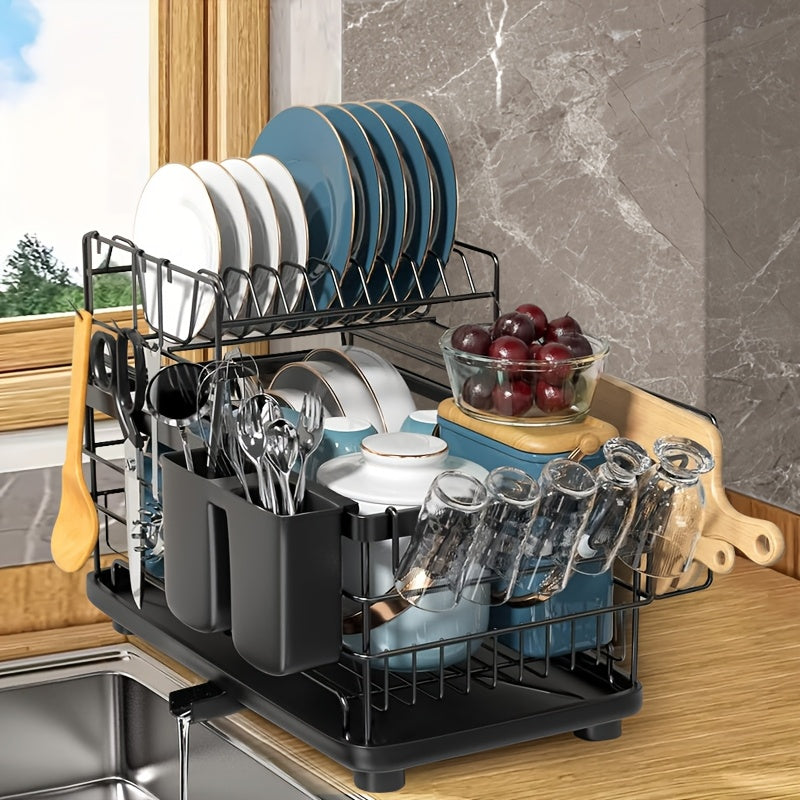 2-layer Dish Drying Rack With Drain Board, Cutlery Rack, Cutting Board/cup Rack, And 3 Kitchen Counter Hooks, Rust Proof Large Dish Drain Rack, Black, Marine Storage