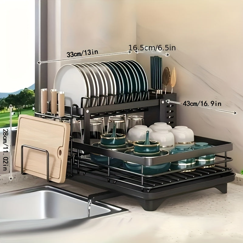 Heavy-Duty Dish Drying Rack - Space-Saving 2-Tier Dish Drainer with Drainboard, Plate, Bowl, Cup, Knife, Fork Rack - Compact Kitchen Organizer for Countertop, Sink - Ideal Mother's Day Gift for Women, Home & Restaurant Use, Sleek Design, Durable