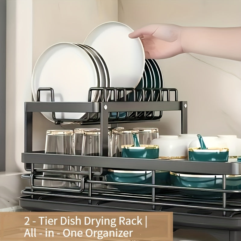 Heavy-Duty Dish Drying Rack - Space-Saving 2-Tier Dish Drainer with Drainboard, Plate, Bowl, Cup, Knife, Fork Rack - Compact Kitchen Organizer for Countertop, Sink - Ideal Mother's Day Gift for Women, Home & Restaurant Use, Sleek Design, Durable