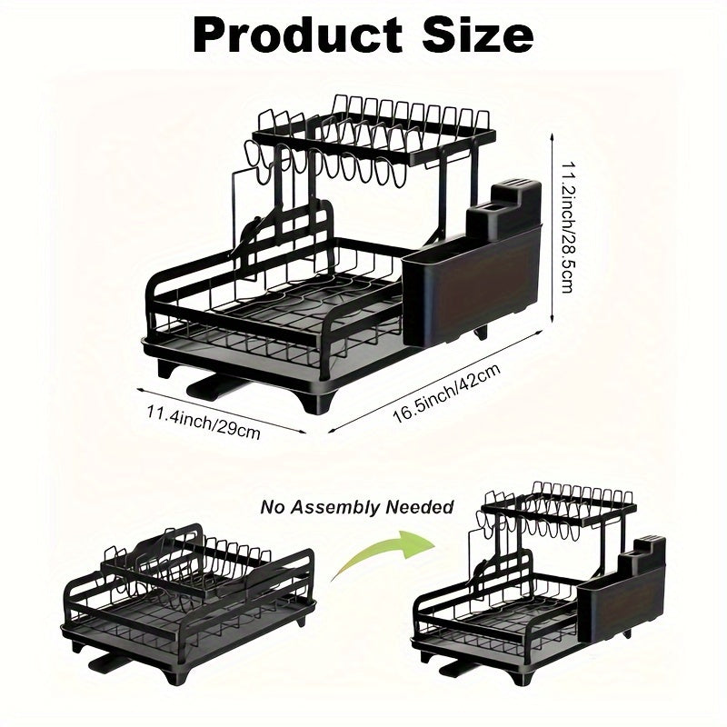 2-Tier Dish Drying Rack Kitchen Counter, Detachable Dish Drainer with Utensil Holder And Cup Rack, Black - Plate Rack Large - Black Dish Racks, Anti-rust Collapsible