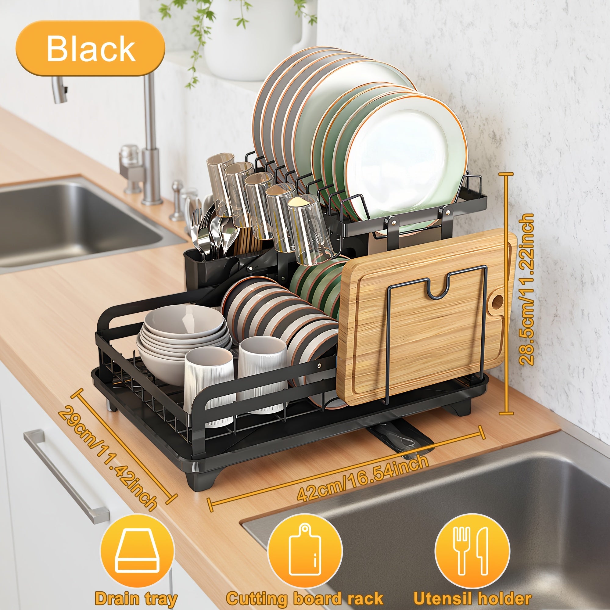 1pc Large 2-Tier Carbon Steel Dish Drying Rack With Drainboard, Glass & Utensil Holders, And Extra Drying Mat - Rust-Resistant Metal Dish Drainer For Kitchen Countertop, Black