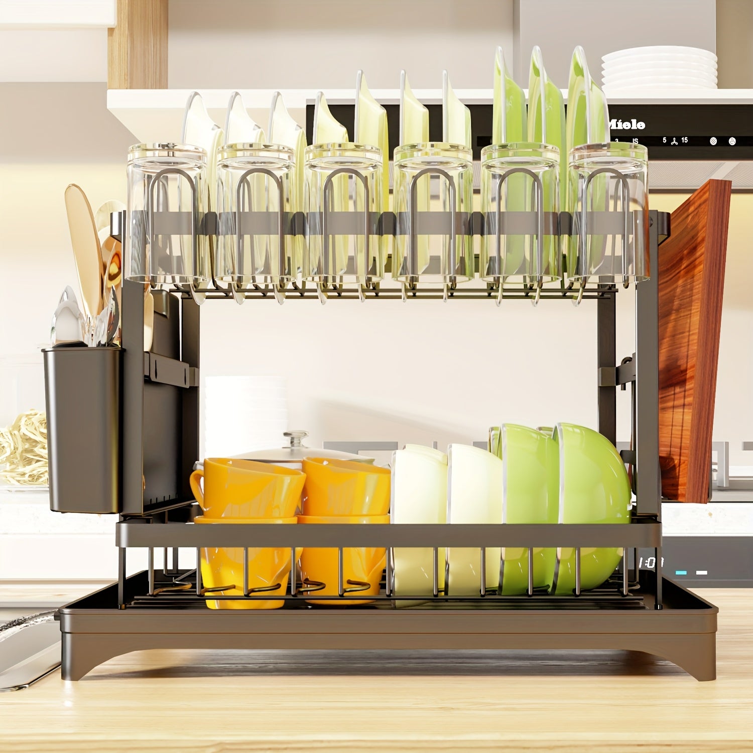 Dish Drying Rack, 2-Tier Dish Racks For Kitchen Counter, Dish Rack With Drainboard & Mat, Dish Drainer With Knife, Fork & Cup Rack, Gifts For Women, Mothers Day, Cool Stuff & Kitchen Gadgets