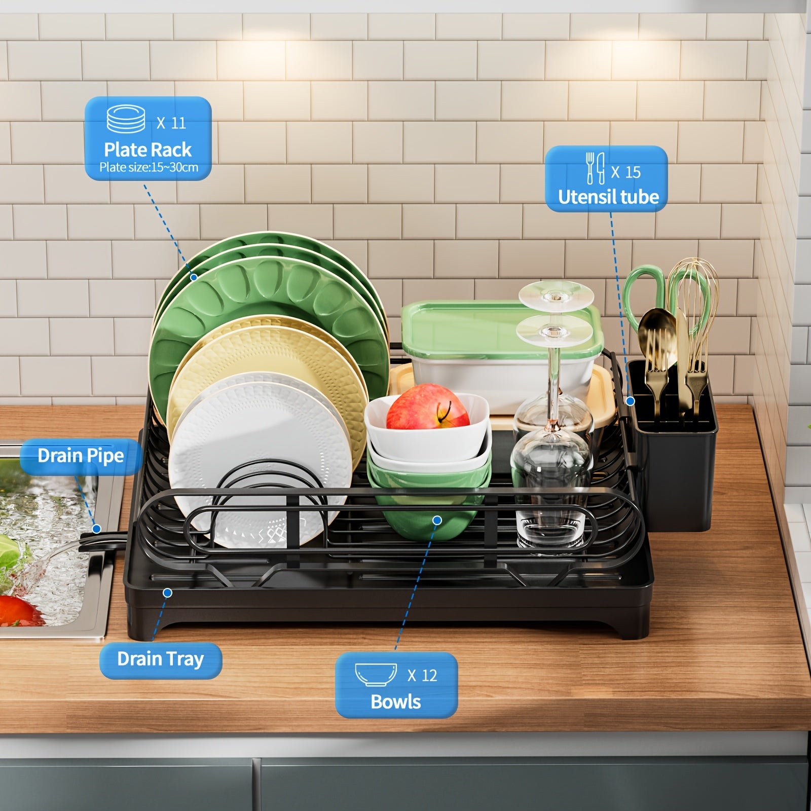 Dish Drying Rack, Dish Rack, Dish Racks For Kitchen Counter, Dish Drainer With Removable Utensil Holder, Drainboard And Swivel Spout.