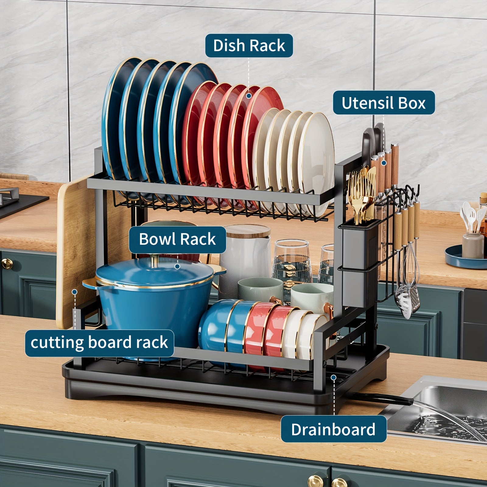 Dish Drying Rack, Kitchen Organizers And Storage, 2-Tier Kitchen Organizers And Storage For Dishes, Bowls, Cutlery, Black, Local Warehouse