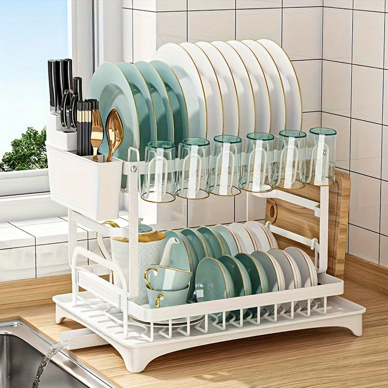1pc Large 2-Tier Stainless Steel Dish Drying Rack with Drip Plate - Space-Saving Kitchen Counter Organizer for Dishes, Knives, Cups, Cutting Boards - Multi-Use, No Assembly Required, Dish Drying Rack for Kitchen Counter, Utility Racks