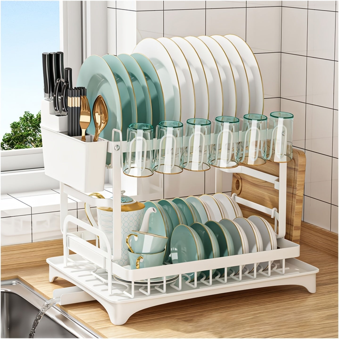 Multifunctional Dish Rack Organizer, Rustproof 2-Tier Dish Drying Rack with Drainer Plate, Space Saving for Cutlery, Knives, Wooden Cutting Boards - Modern Kitchen Shelf | Durable Metal Construction Kitchen Organizer Free Cleaning Cloth White, Dish Rack