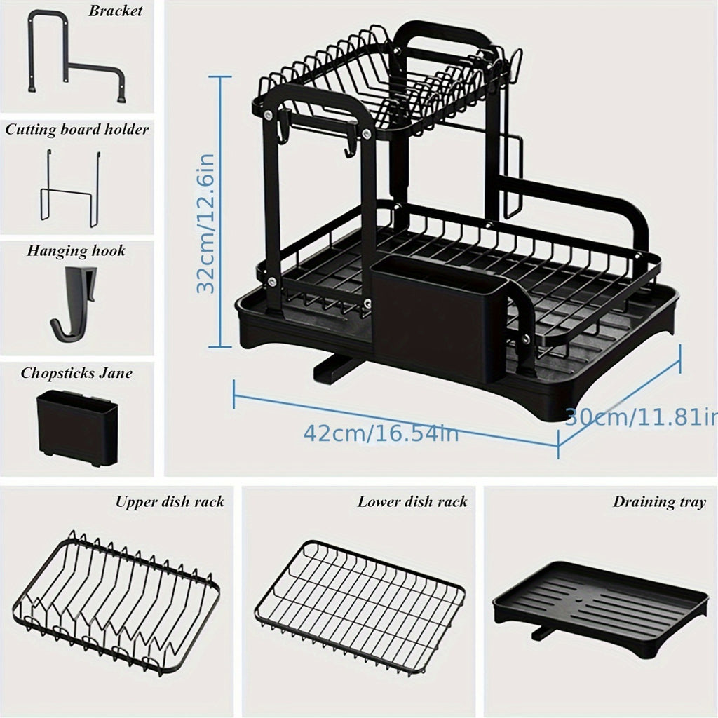 2 Tier Dish Rack With Drainboard, Dish Drying Rack 2 Tier Drainer Kitchen Counter, Cutlery Holder, Cutting-Board Holder, Cup Holder And 2 Hooks, Large Dish Racks