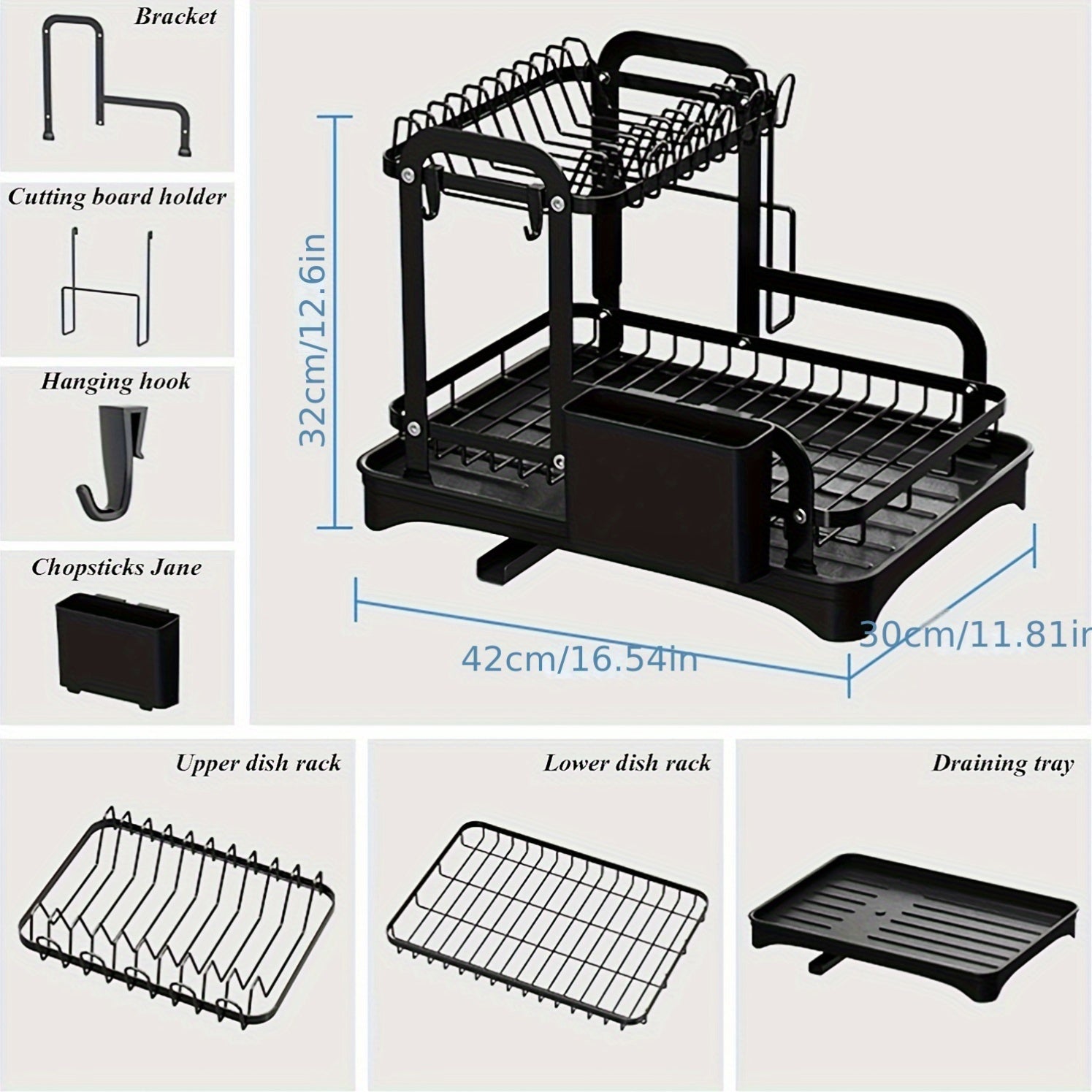 2 Tier Dish Rack With Drainboard, Dish Drying Rack 2 Tier Drainer Kitchen Counter, Cutlery Holder, Cutting-Board Holder, Cup Holder And 2 Hooks, Large Dish Racks