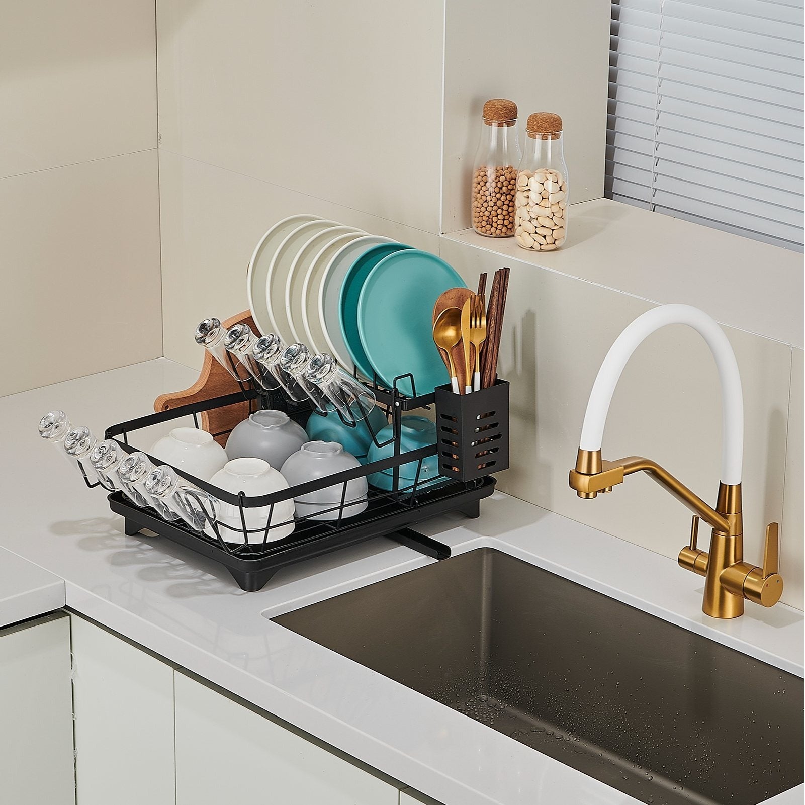Kitchen double-layer bowl and chopstick rack, drain rack with drainage tray, dishwasher rack, dishwasher basket, stainless steel, knife holder, cutting board holder, chopstick holder, double-layer, rust proof large capacity automatic drainage bowl rack