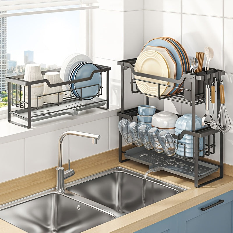 1pc Multifunctional Convenient Durable Kitchen Counter Top Sink Bowl Rack, Removable 2-tier Bowl Rack Drain Board, With Double-layer Bowl, Cup Rack, Drain Board, Adhesive Board Rack, Utensil Rack