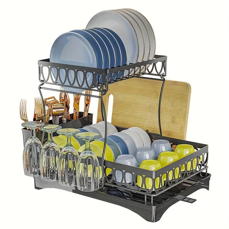 1pc Multifunctional Dish Rack - Double Layers, Space-Saving, Large Capacity, with Drainboard and Utensil Holders for Kitchen Counter Organization, Ideal Gift