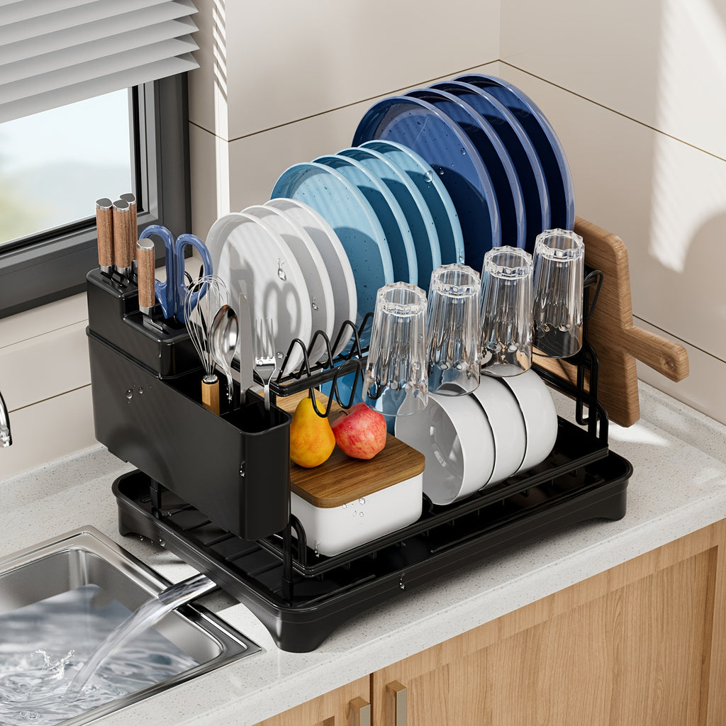 1pc Multifunctional Dish Rack - Double Layers, Space-Saving, Large Capacity, with Drainboard and Utensil Holders for Kitchen Counter Organization, Ideal Gift