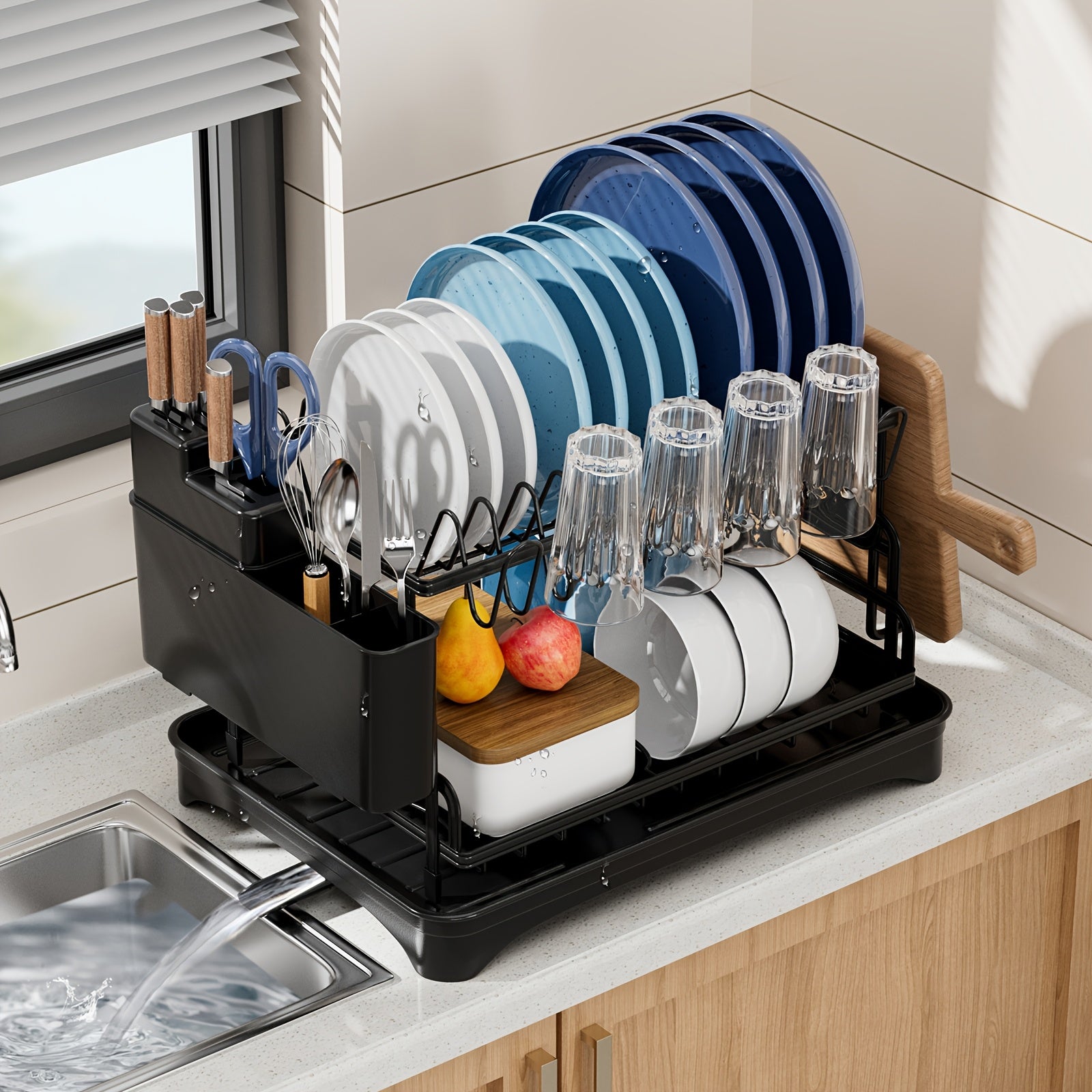 1pc Multifunctional Dish Rack - Double Layers, Space-Saving, Large Capacity, with Drainboard and Utensil Holders for Kitchen Counter Organization, Ideal Gift