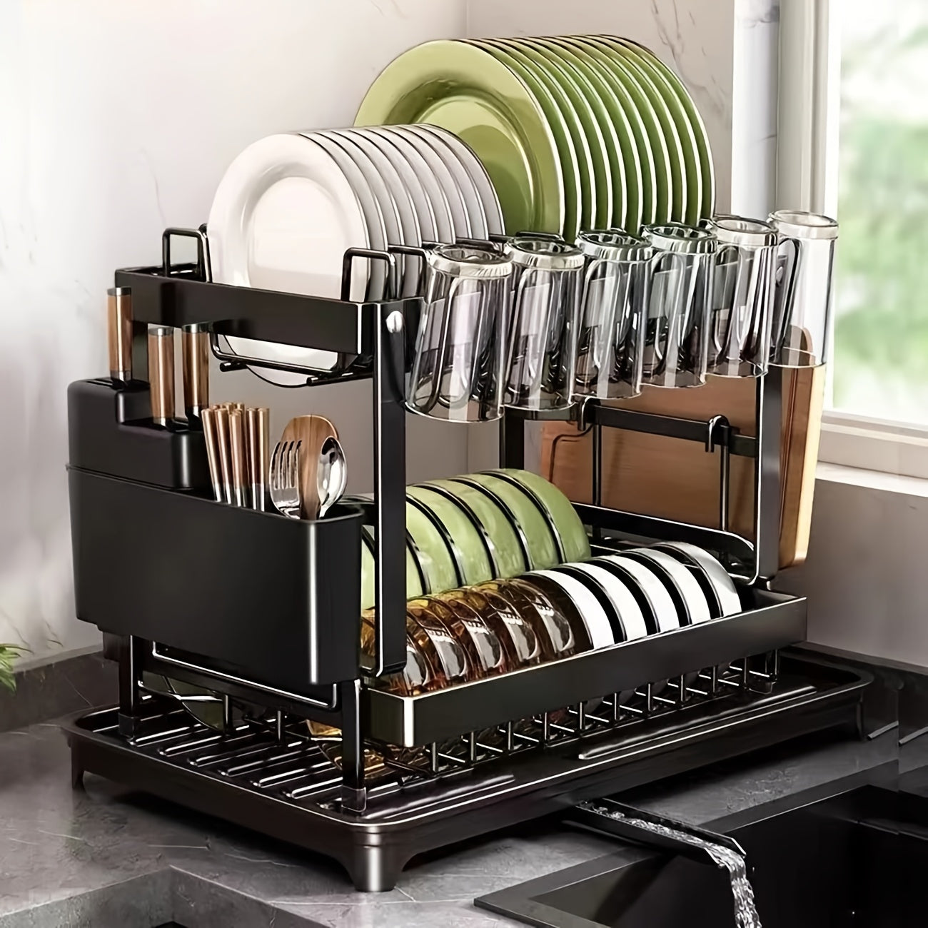Two - Tier Kitchen Drying Rack with Utensil Holders - This Black, Detachable Metal Set Features a Drainboard And Is Designed As a Standing Shelf for Kitchen Counters. It'S Perfect for Drying Dishes And Keeping Utensils Within Reach. Use It in Any Kitchen