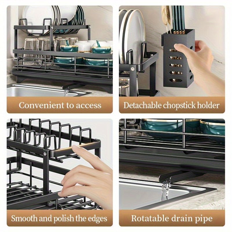 2-Tier Stainless Steel Kitchen Dish Drying Rack with Drain Tray, Knife Holder & Cutting Board Stand - Rustproof Large Capacity Auto Drainage Organizer for Bowls, Plates, Cups, Utensils & Chopsticks, Utensil Holder, Spacesaving Design, Dish Drying Rack for