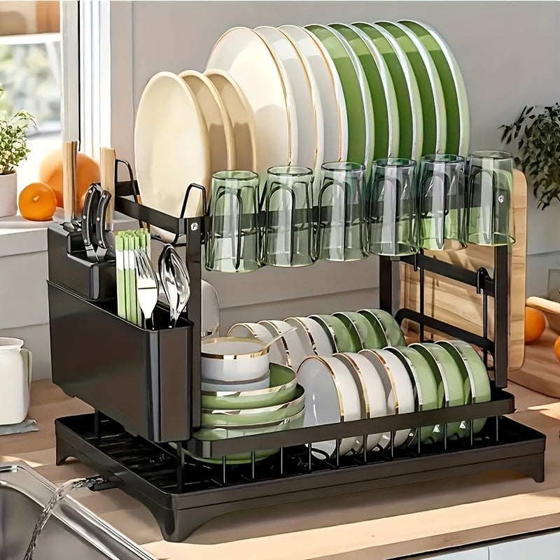 1pc Large 2-Tier Stainless Steel Dish Drying Rack with Drip Plate - Space-Saving Kitchen Counter Organizer for Dishes, Knives, Cups, Cutting Boards - Multi-Use, No Assembly Required, Dish Drying Rack for Kitchen Counter, Utility Racks