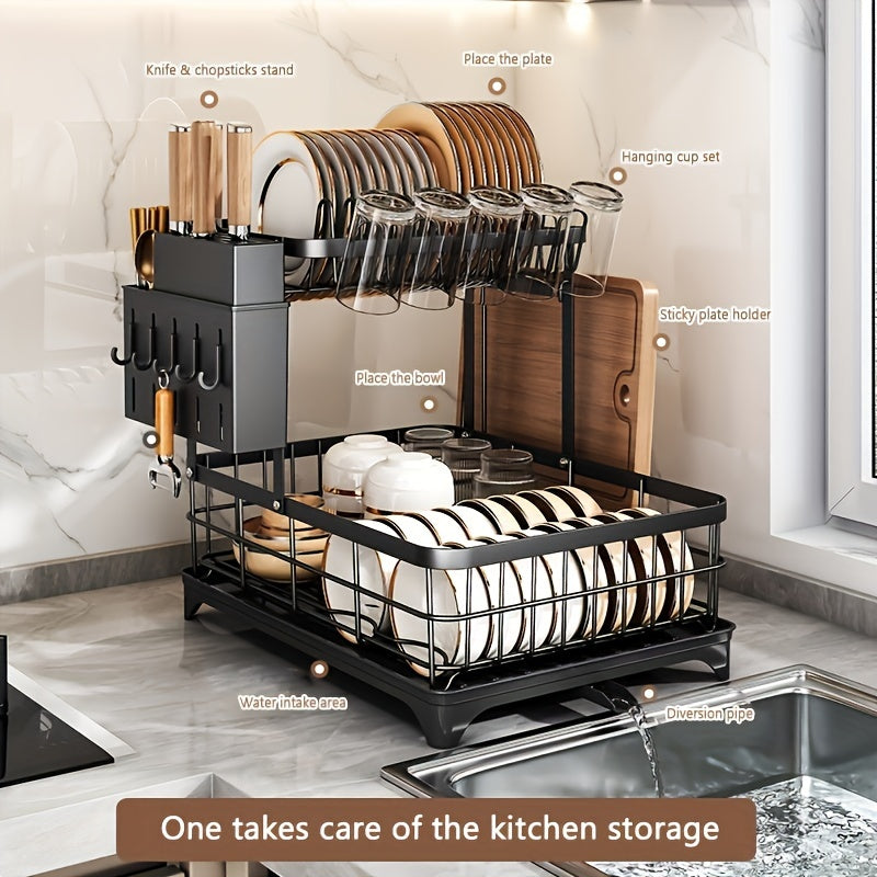 1 Or 2-Tier Space-Saving Kitchen Dish Drying Rack With Removable Utensil Holder & Cup Holder, Large Capacity Drying Rack With Drainboard For Kitchen Sink Counter
